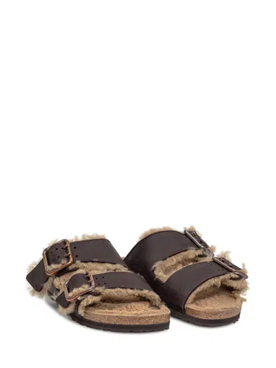 Birkenstock Arizona Suede Shearling Slides In Brown