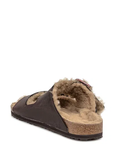Birkenstock Arizona Suede Shearling Slides In Brown