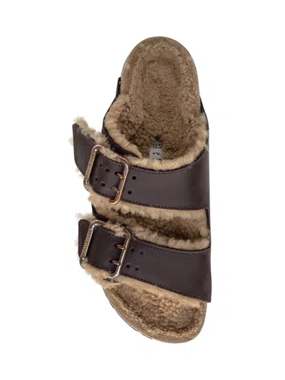 Birkenstock Arizona Suede Shearling Slides In Brown
