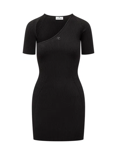 Courrèges Slash Mini Dress In Black Fabric Ribbed Knit In Black