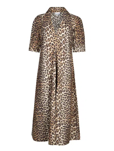 Ganni Leopard Print Poplin Dress In Multicolor