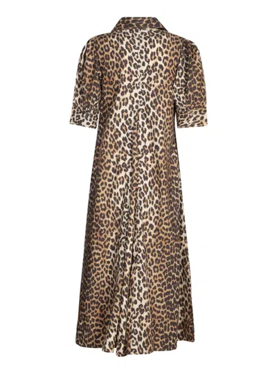 Ganni Leopard Print Poplin Dress In Multicolor