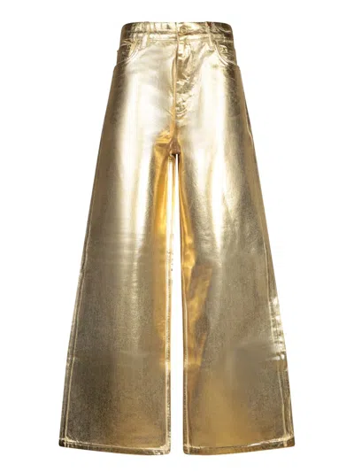 Ganni Gold Five Pockets Wide Jeans In Laminated Fabric Woman In Grey