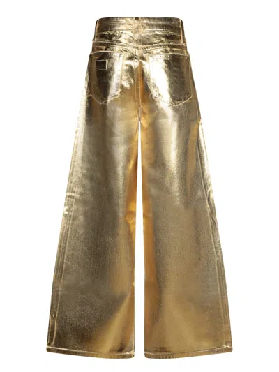 Ganni Gold Five Pockets Wide Jeans In Laminated Fabric Woman In Grey