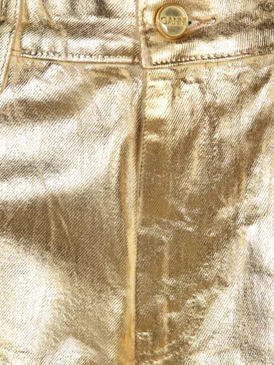 Ganni Gold Five Pockets Wide Jeans In Laminated Fabric Woman In Grey