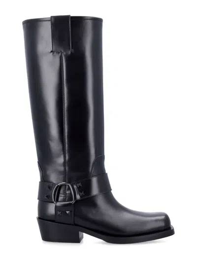 Valentino Rockstud Biker Knee-high Leather Boots In Black