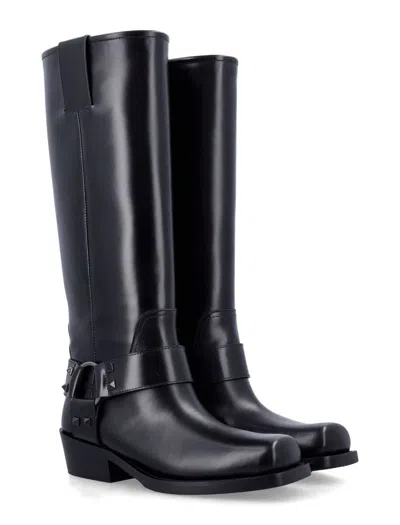 Valentino Rockstud Biker Knee-high Leather Boots In Black