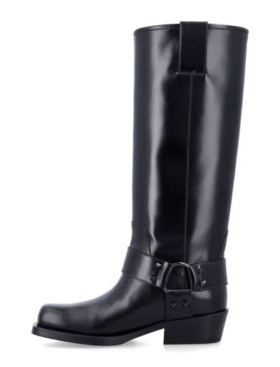 Valentino Rockstud Biker Knee-high Leather Boots In Black