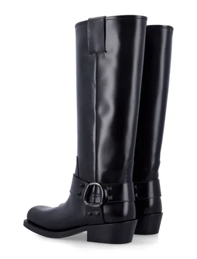 Valentino Rockstud Biker Knee-high Leather Boots In Black