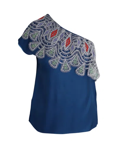 Peter Pilotto One Shoulder Embroidered Top In Blue Viscose In Blue