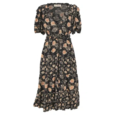 Ulla Johnson Midi V-neck Floral Print With Ruffle Details Dress In Black Cotton In Black