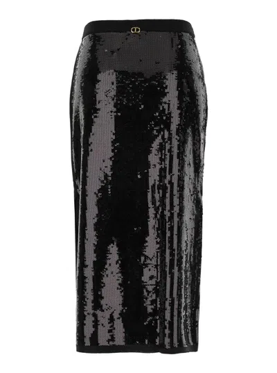 Twinset Black Midi Skirt With Sequins All-over In Black