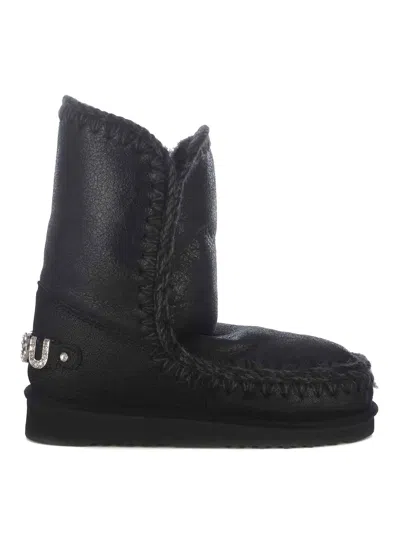 Mou Eskimo 24 Low Heels Ankle Boots In Black Leather In Black