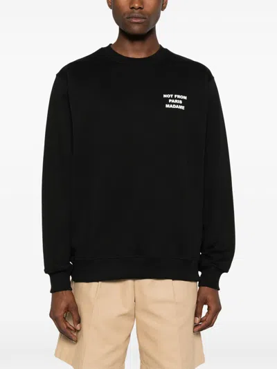 Drôle De Monsieur Black Sweatshirt With Bold Slogan And Elastic Hems In Black