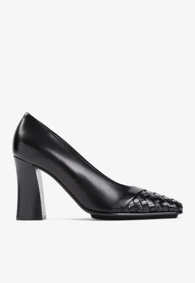 Shop Bottega Veneta 95 Intreccio Leather Pumps In Black