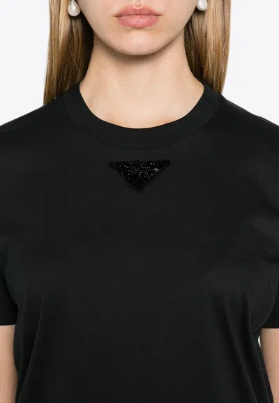 Shop Prada Beaded Triangle Logo T-shirt In Black