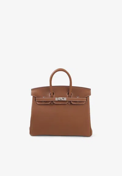 Pre-owned Hermes Birkin 25 Verso In Gold And Gris Misty Togo Leather With Palladium Hardware