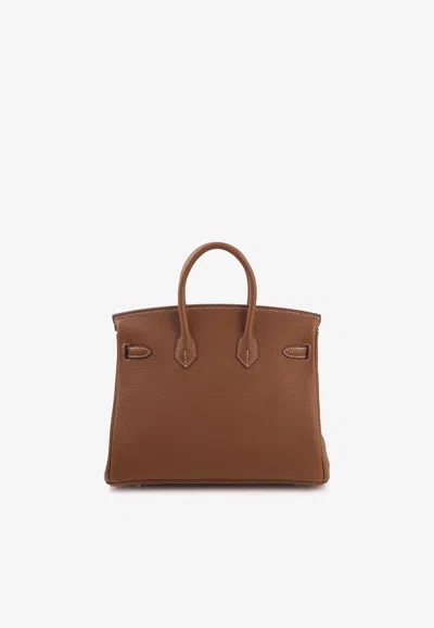 Pre-owned Hermes Birkin 25 Verso In Gold And Gris Misty Togo Leather With Palladium Hardware