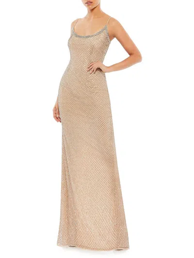 Mac Duggal Beaded Spaghetti Strap Column Gown In Beige