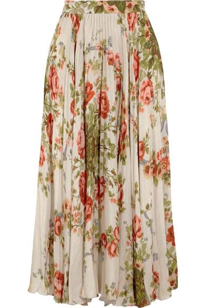Shop Gucci Pleated Floral-print Silk Midi Skirt