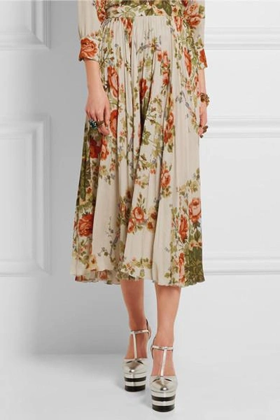 Shop Gucci Pleated Floral-print Silk Midi Skirt