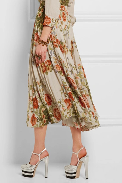 Shop Gucci Pleated Floral-print Silk Midi Skirt