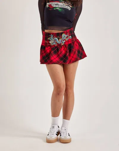 Ed Hardy Dragon Plaid Flare Miniskirt In Red In Red