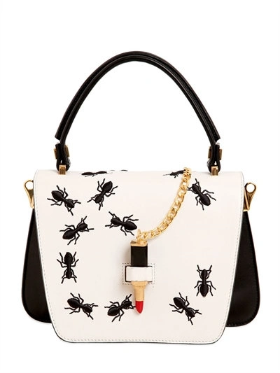 Giancarlo Petriglia Queen Leather Bag W/ant Embroidery And Lipstick Fastening Detail In Black/white