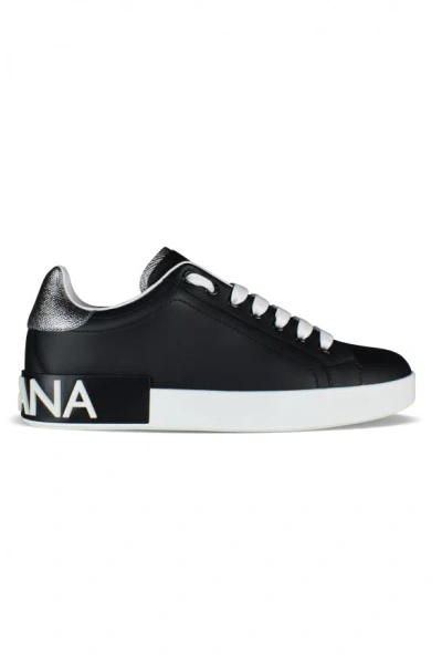 Dolce & Gabbana Portofino Sneakers In Black Leather With Silver Inserts In Black