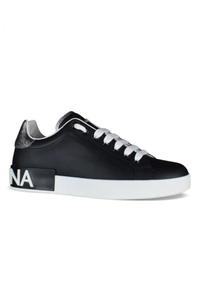 Dolce & Gabbana Portofino Sneakers In Black Leather With Silver Inserts In Black