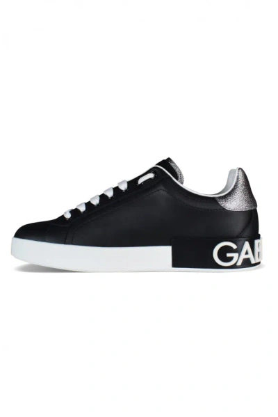 Dolce & Gabbana Portofino Sneakers In Black Leather With Silver Inserts In Black