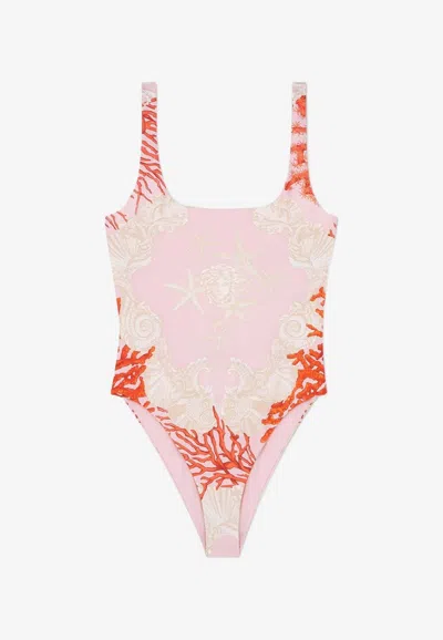 Versace Sea Motif Print Backless Swimsuit In Pink