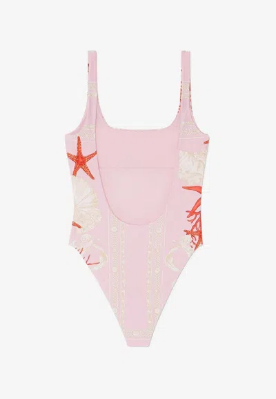 Versace Sea Motif Print Backless Swimsuit In Pink