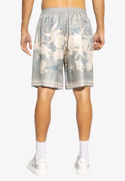 Shop Versace Barocco Sea Print Silk Shorts In Light Blue