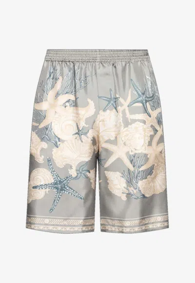 Versace Barocco Sea Print Silk Shorts In Light Blue