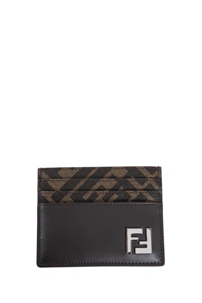 Fendi Brown Card-holder With Squared Ff Motif In Leather And Ff Canvas Man In Brown
