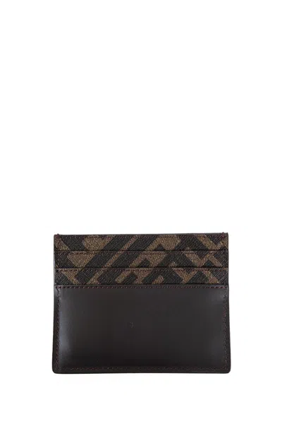 Fendi Brown Card-holder With Squared Ff Motif In Leather And Ff Canvas Man In Brown