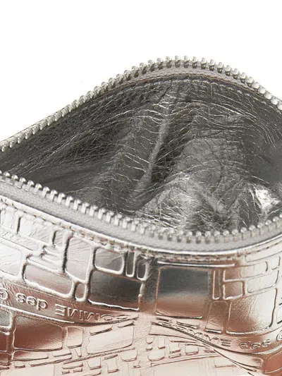 Comme Des Garçons Leather Wallet With Metallic Finish And Textured Surface In Silver