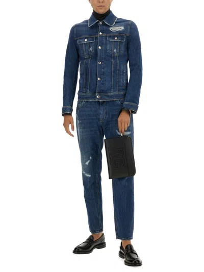 Dolce & Gabbana Blue Jacket With Classic Collar And Rips In Denim Stretch Man In Blue
