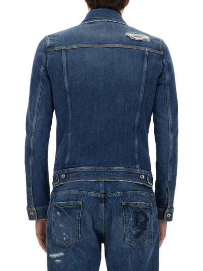 Dolce & Gabbana Blue Jacket With Classic Collar And Rips In Denim Stretch Man In Blue