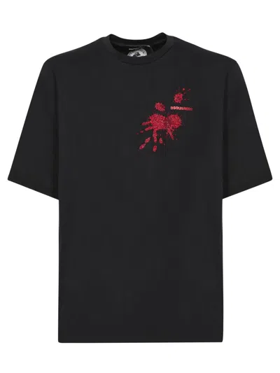 Dsquared2 Cotton Crew Neck T-shirt With Sequined Embroidery In Black