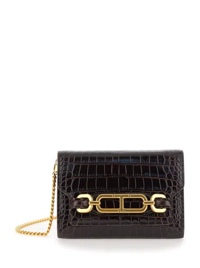 TOM FORD MINI BROWN CROSSBODY BAG WITH T LOGO DETAIL IN CROCO PRINTED LEATHER WOMAN 