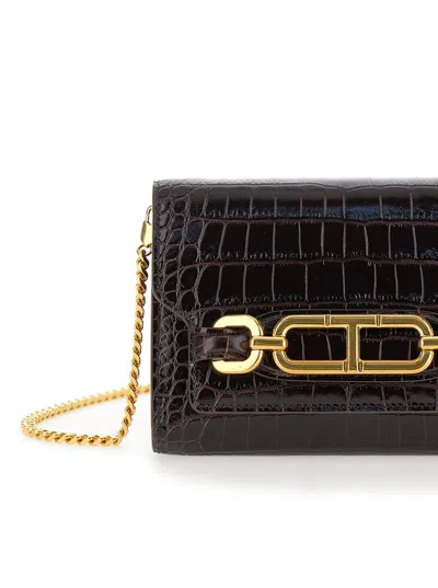 TOM FORD MINI BROWN CROSSBODY BAG WITH T LOGO DETAIL IN CROCO PRINTED LEATHER WOMAN 