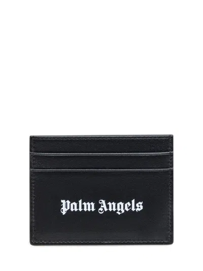 Palm Angels Gothic Leather Logo Cardholder With Tonal Stitching In Black