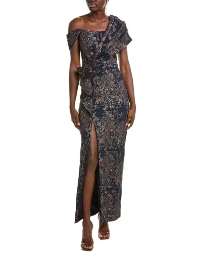 Theia Amaris Jacquard Column Gown In Blue