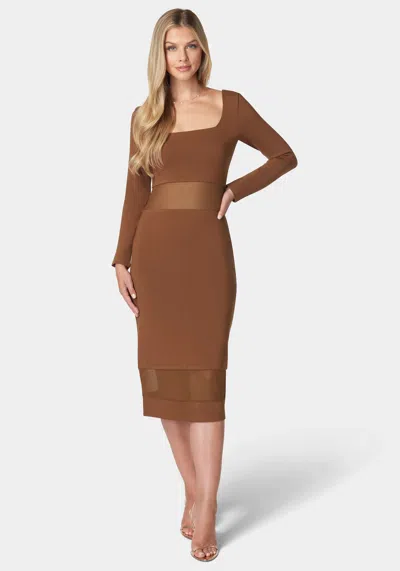 Bebe Square Neck Mesh Inset Dress In Chocolate