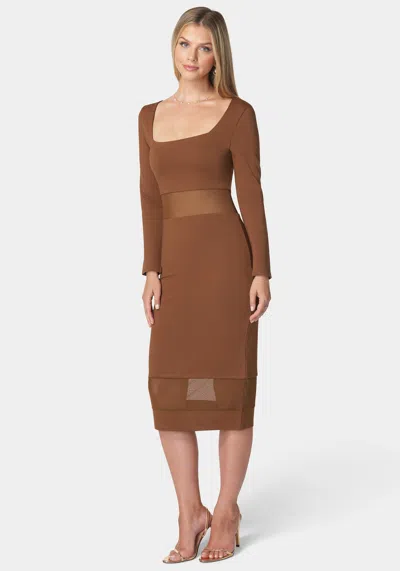Bebe Square Neck Mesh Inset Dress In Chocolate