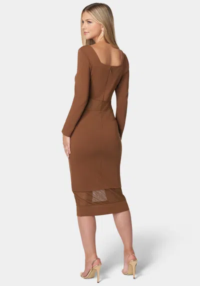 Bebe Square Neck Mesh Inset Dress In Chocolate