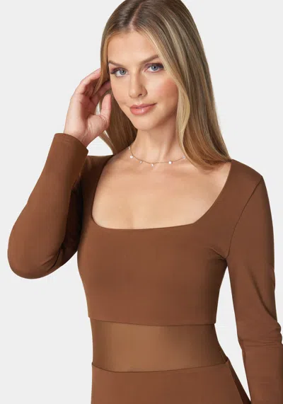 Bebe Square Neck Mesh Inset Dress In Chocolate