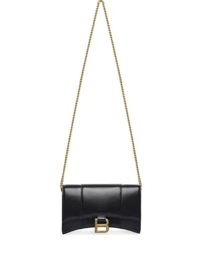 Shop Balenciaga Hourglass Leather Wallet On Chain In Black